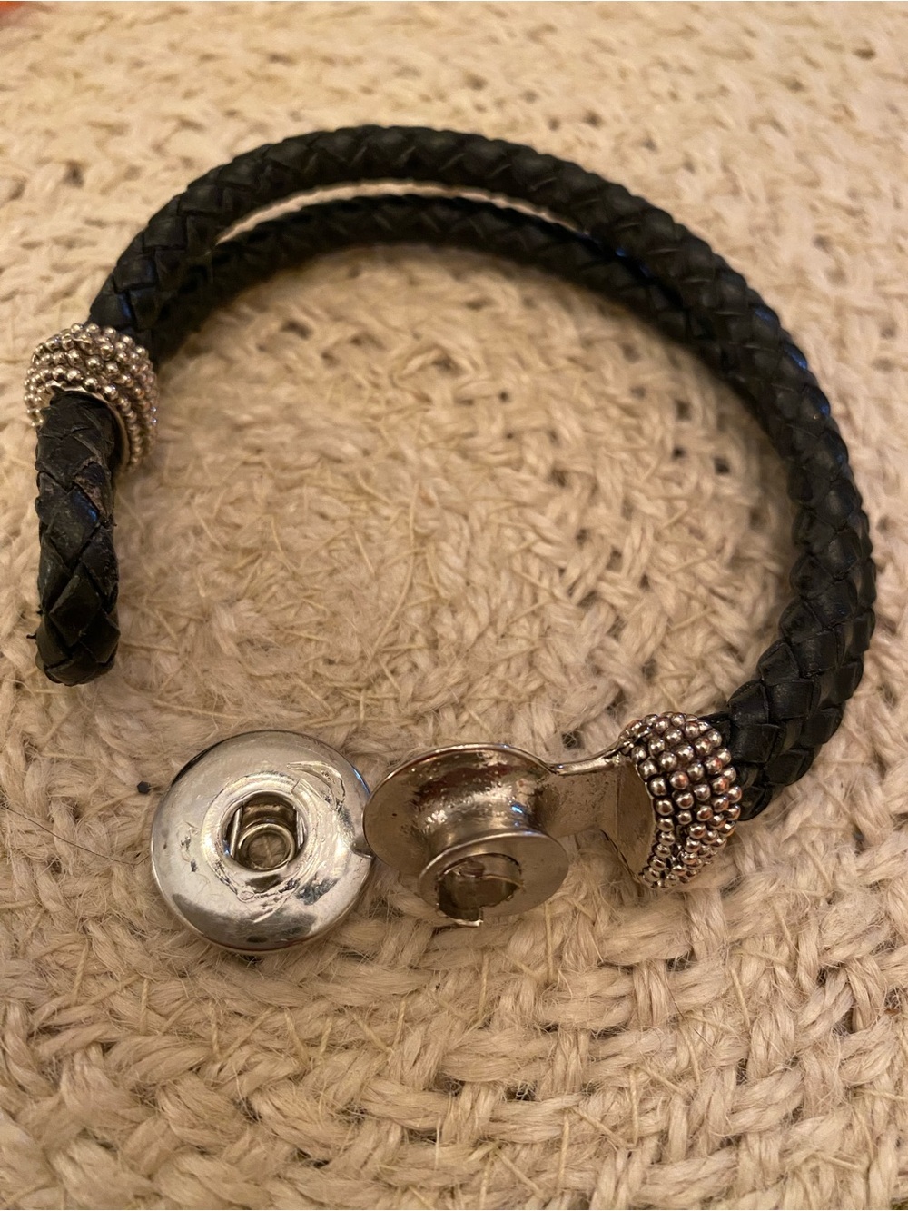 Snap Black Braided Leather Bracelet 8” - Needs Repair